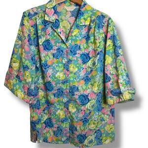 Vintage Jaylan of California Button Up XL Artsy Boho Bloom Roll Tab 3/4 Sleeve